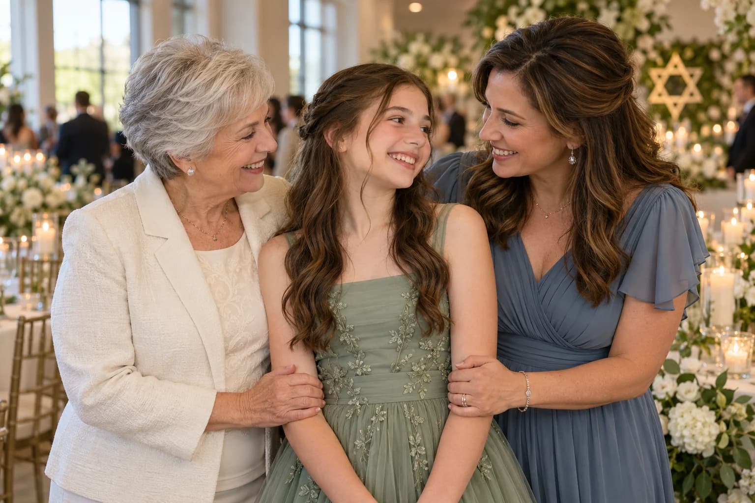 Visual concept of a girl with her mother and grandmother at a Bat Mitzvah celebration